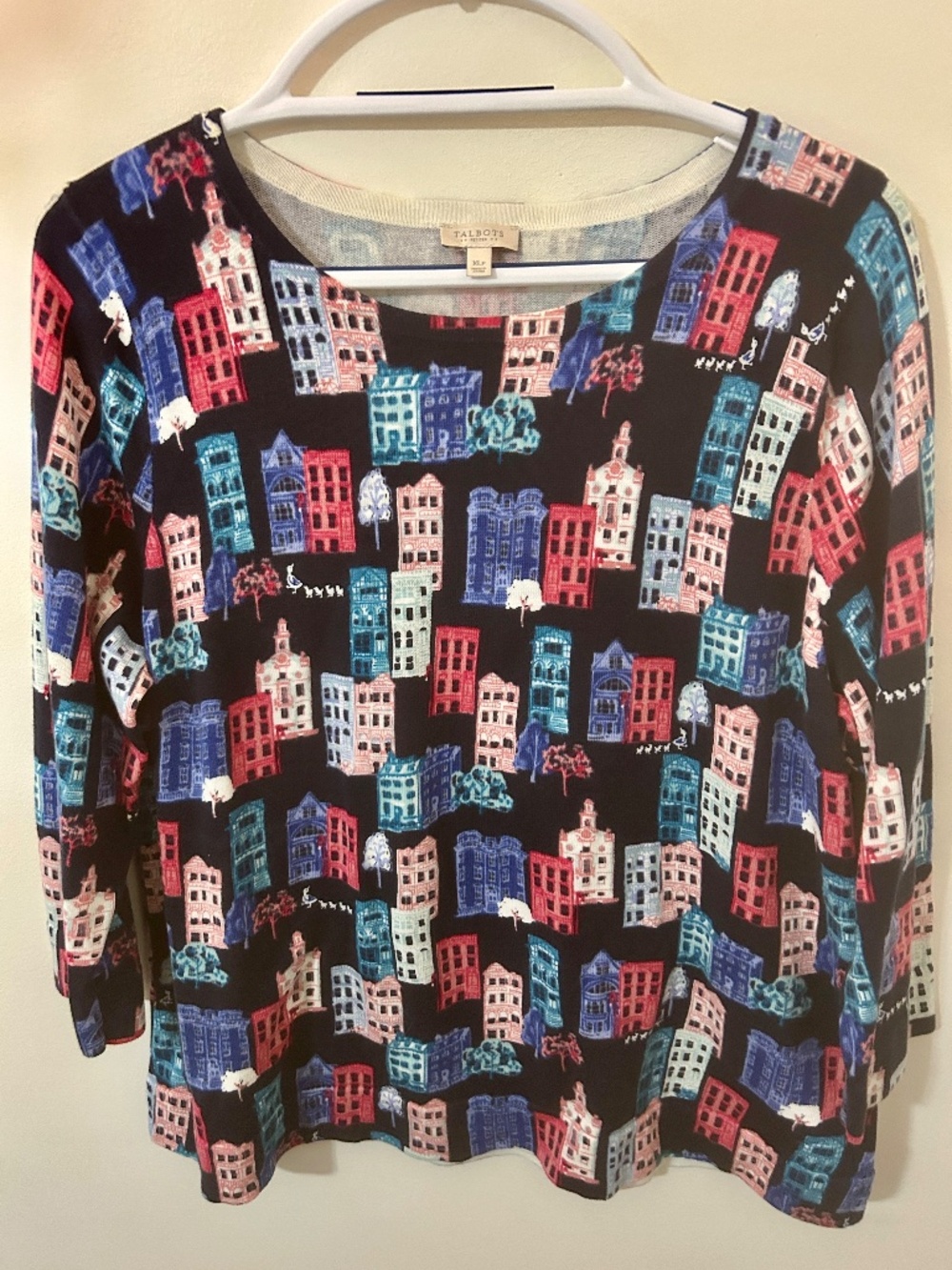 Talbots XL Petite Whimsical City Row Houses Ducks 3/4 Sleeve Cotton Top Sweater